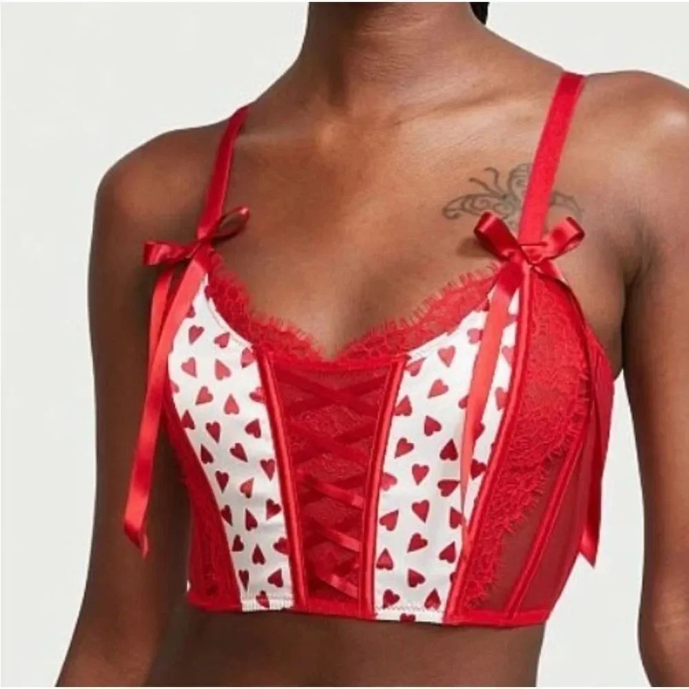 DREAM ANGELS Velvet LaceβUp Corset Bra Top Red White Hearts Sz Small NWT